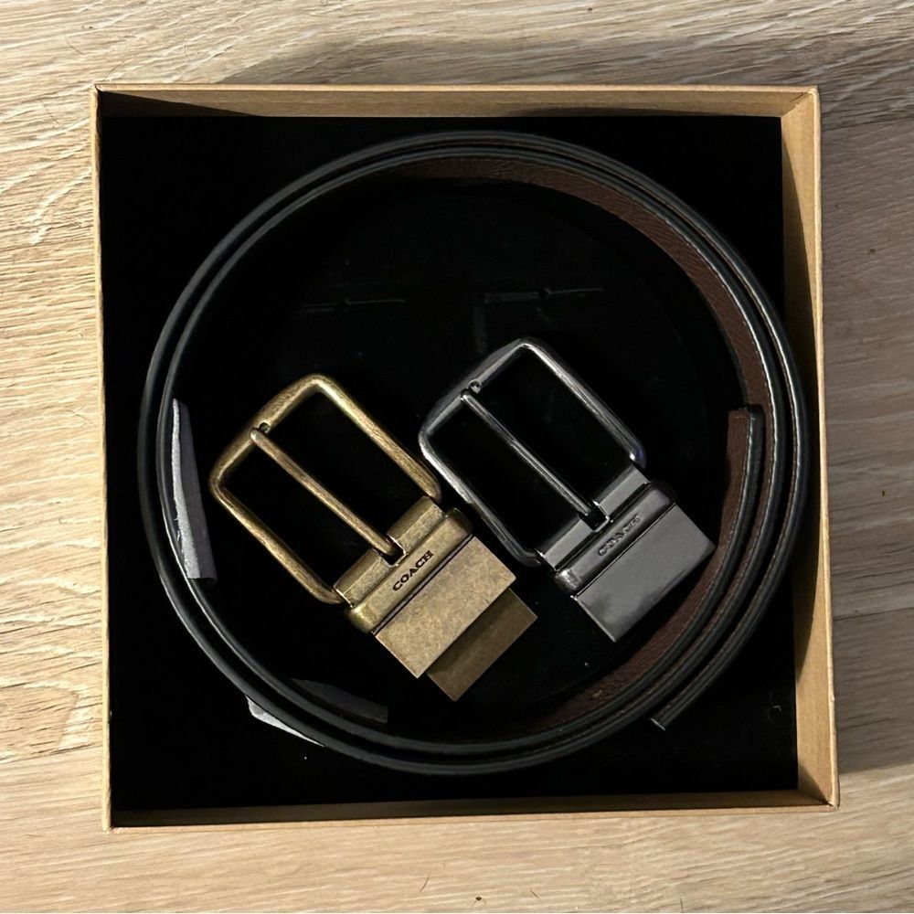 Coach Leather Men's Black Brown Belt Set Reversible Adjustable Peter Gold NIB
